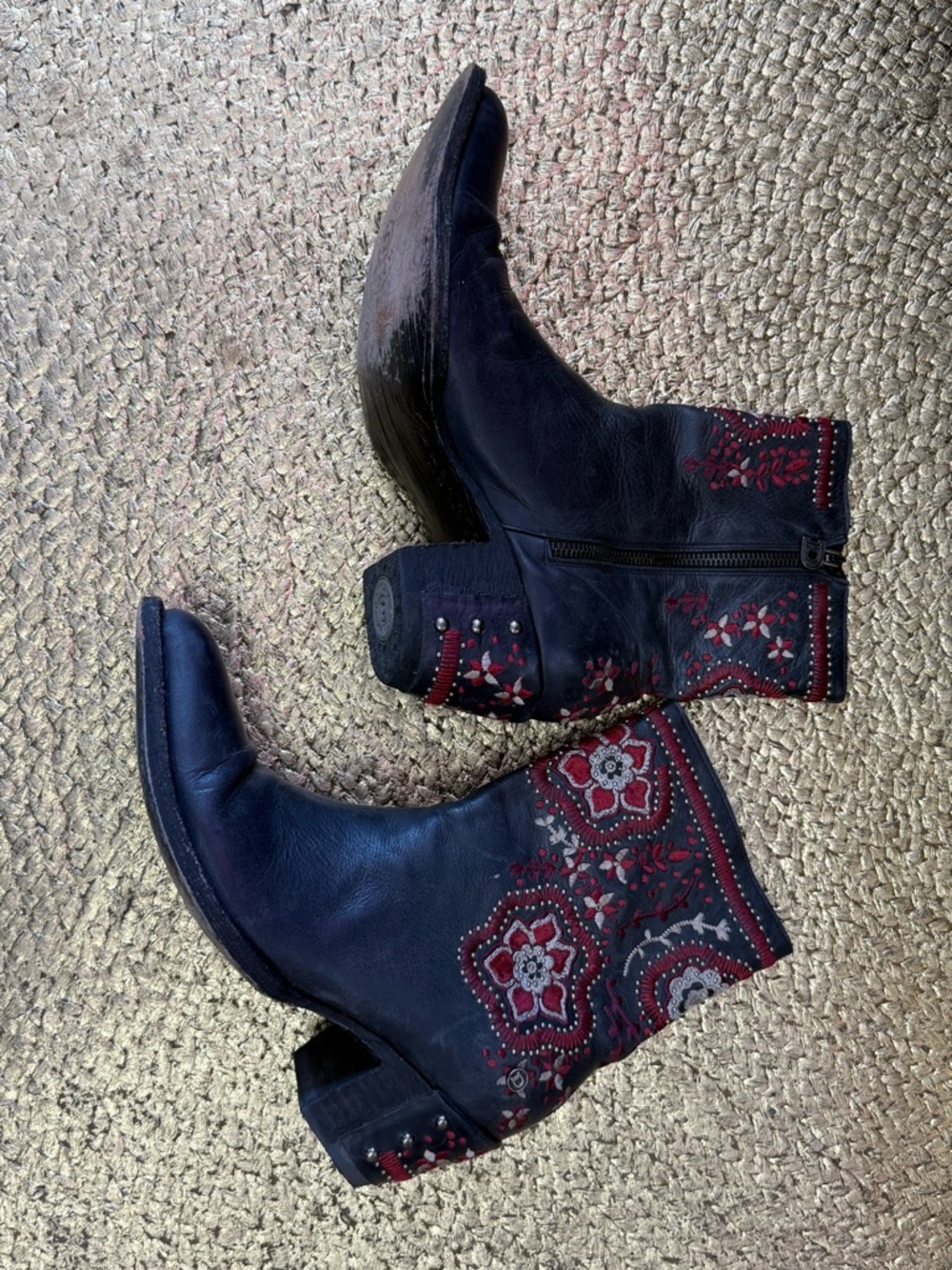 Old Gringo Navy Leather Ankle Boots with Red Floral Embroidery - Picture 3 of 10